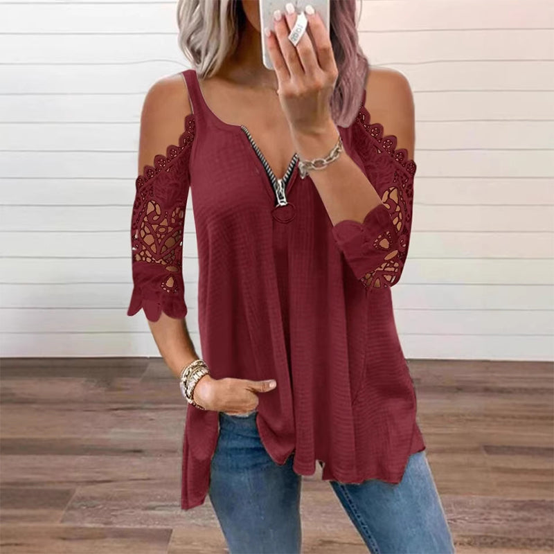 【S-5XL】👚Csipkes, vállkivágásos felső cipzárral