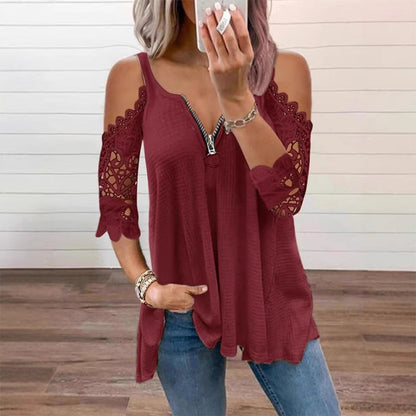 【S-5XL】👚Csipkes, vállkivágásos felső cipzárral