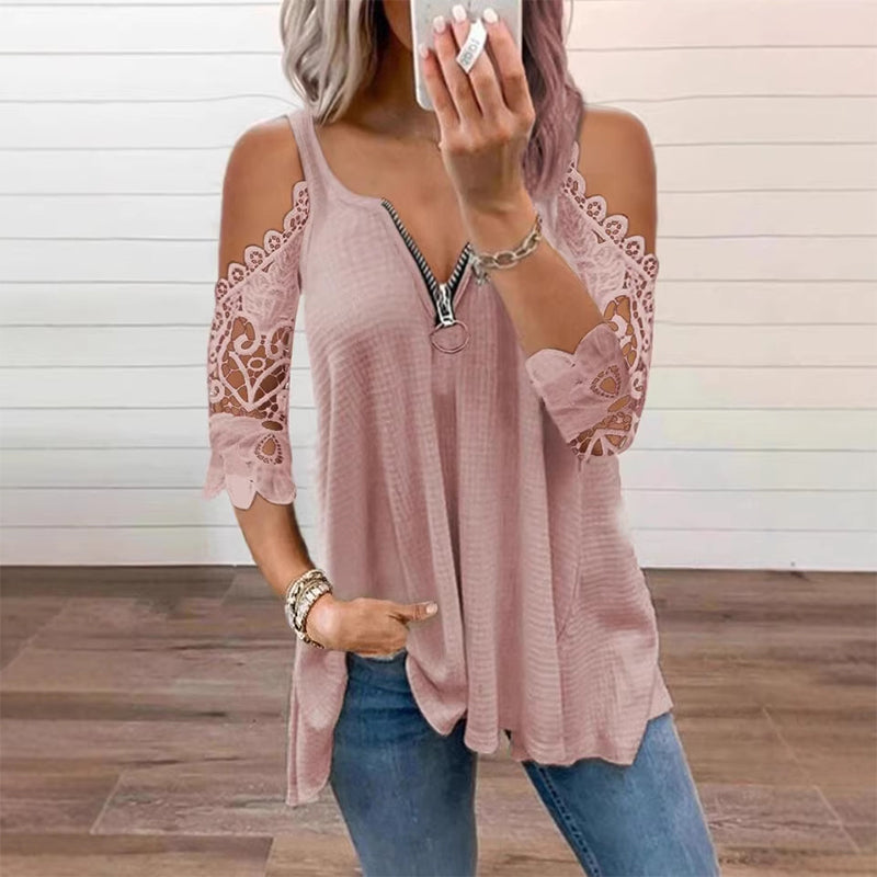 【S-5XL】👚Csipkes, vállkivágásos felső cipzárral