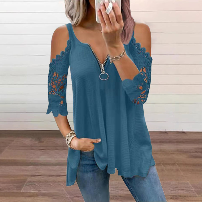 【S-5XL】👚Csipkes, vállkivágásos felső cipzárral