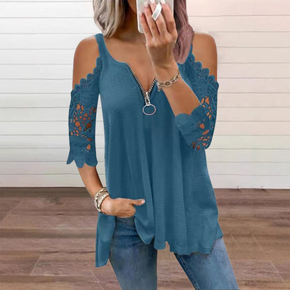 【S-5XL】👚Csipkes, vállkivágásos felső cipzárral