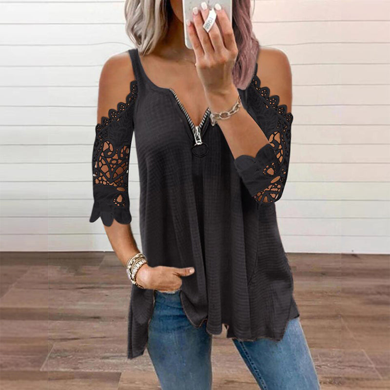 【S-5XL】👚Csipkes, vállkivágásos felső cipzárral