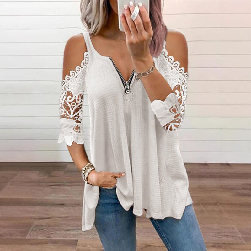 【S-5XL】👚Csipkes, vállkivágásos felső cipzárral