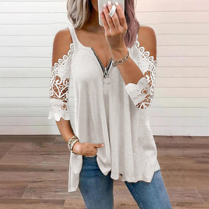【S-5XL】👚Csipkes, vállkivágásos felső cipzárral