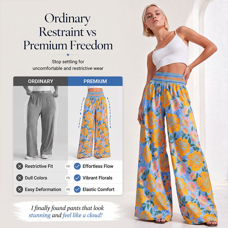 【S-2XL】🌺Női, virágmintás, magas derekú, széles szárú nadrág