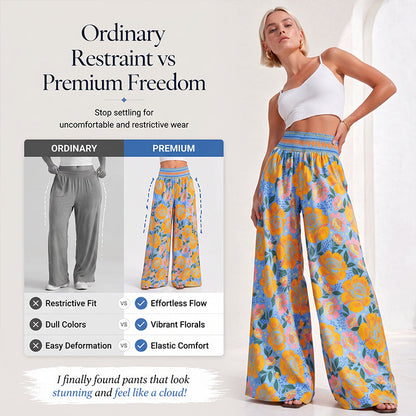 【S-2XL】🌺Női, virágmintás, magas derekú, széles szárú nadrág