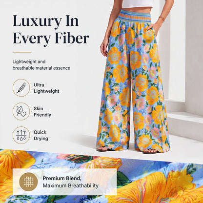 【S-2XL】🌺Női, virágmintás, magas derekú, széles szárú nadrág