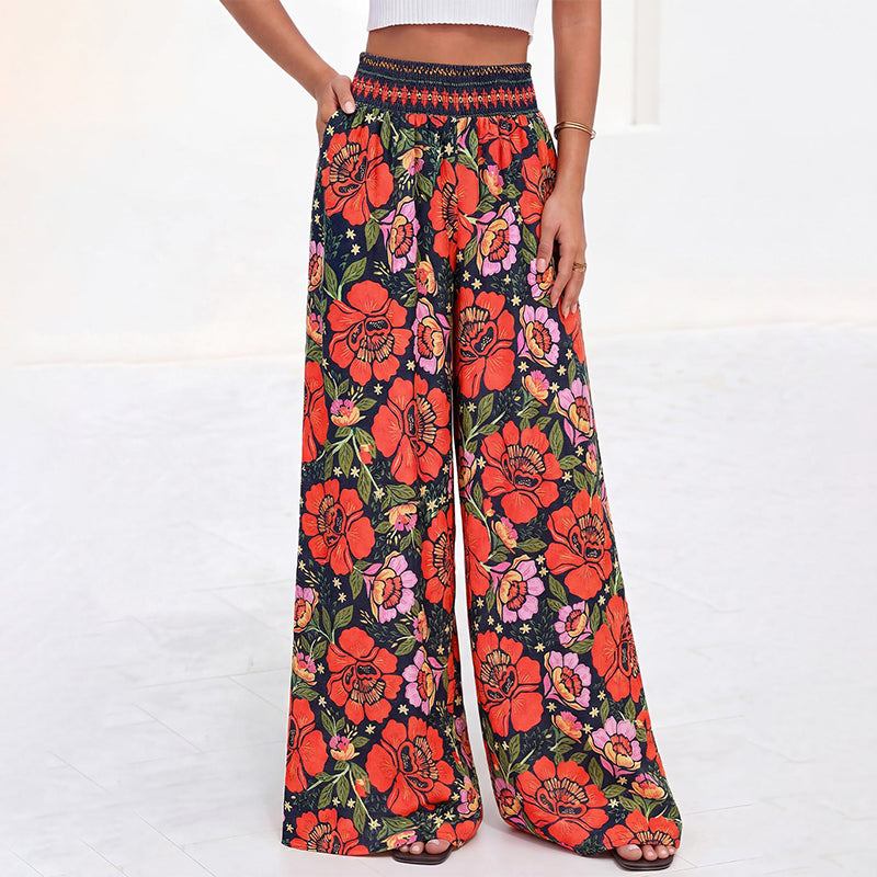 【S-2XL】🌺Női, virágmintás, magas derekú, széles szárú nadrág