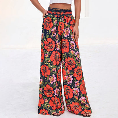 【S-2XL】🌺Női, virágmintás, magas derekú, széles szárú nadrág