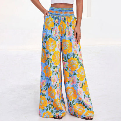 【S-2XL】🌺Női, virágmintás, magas derekú, széles szárú nadrág