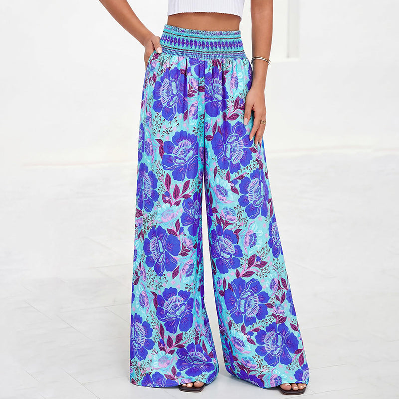 【S-2XL】🌺Női, virágmintás, magas derekú, széles szárú nadrág