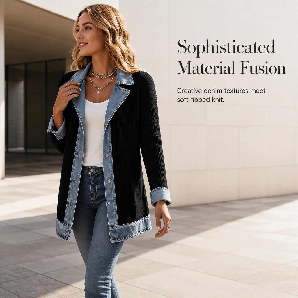 【S-3XL】🧥Női elegáns farmerrel kombinált bordázott kötött kabát