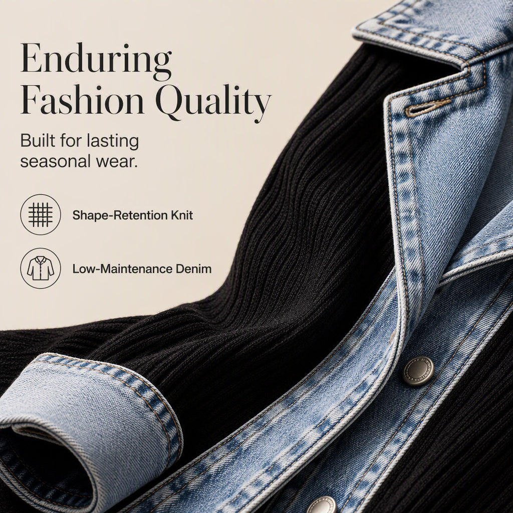 【S-3XL】🧥Női elegáns farmerrel kombinált bordázott kötött kabát